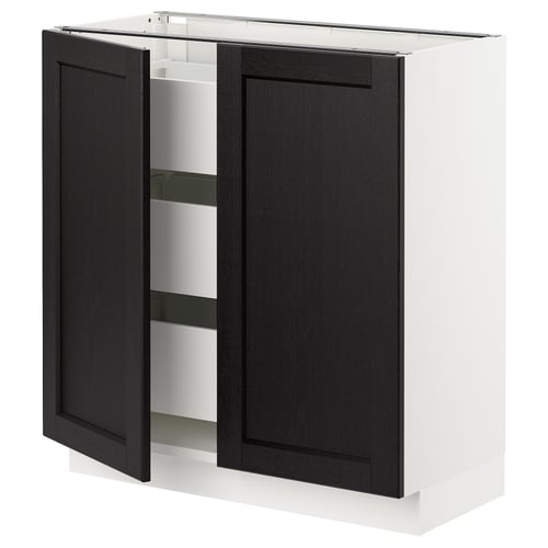 Black & white kitchen cabinet with dark wood doors and metal hinges, showing open compartments.