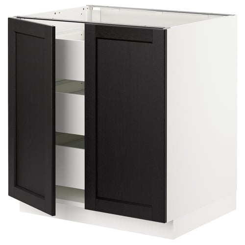 Modern black cabinet, white inside, two doors, panel.