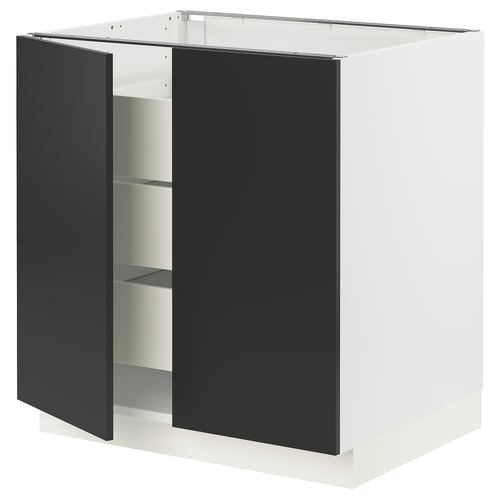 SEKTION kitchen cabinet in black with white base, open doors.