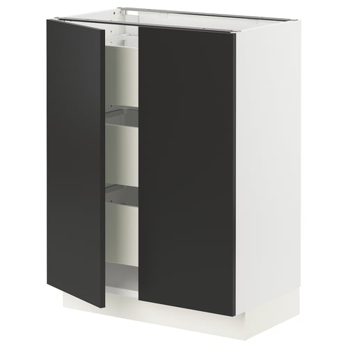 A SEKTION kitchen cabinet with black doors open, revealing inner shelves. Its sleek, modern, and made of particle board and steel.