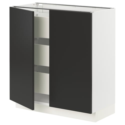 Modern black and white kitchen cabinet with glass doors and shelves.