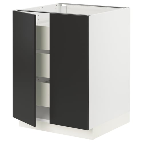 SEKTION kitchen cabinet, white & black, modern design, two doors open.