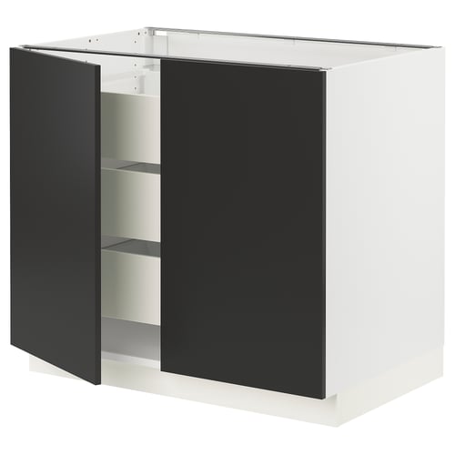 An ikea SEKTION kitchen cabinet with black doors and a white base. Modern and minimalist design, featuring two adjustable shelves inside.