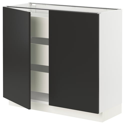 A sleek black and white SEKTION kitchen cabinet with a modern design, featuring dark grey doors and internal shelves.