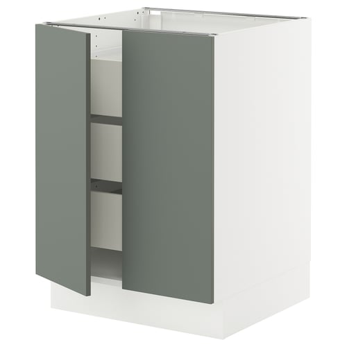 An open white cabinet with green-gray doors from IKEAs SEKTION kitchen system.
