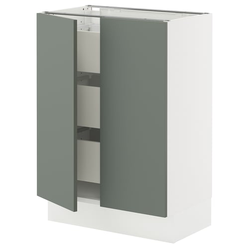 Ikea SEKTION kitchen cabinet, gray-green, double doors open, white base.