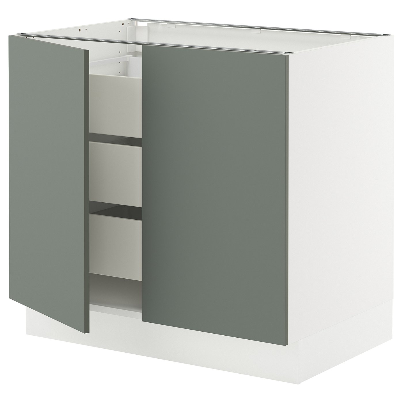 SEKTION / MAXIMERA, Base cabinet w 2 doors/3 drawers, white/Nickebo matt grey-green