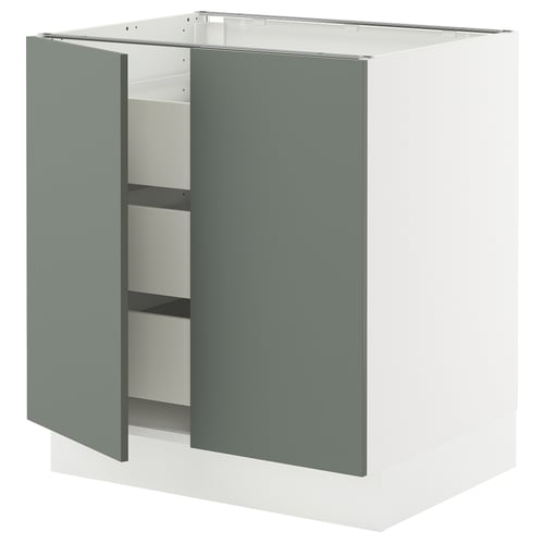 SEKTION kitchen cabinet in grey-green with white base, two doors open.
