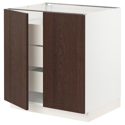 Ikea SEKTION kitchen unit - white & dark brown wood grain, closed left, open right.