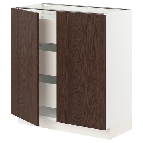An open SEKTION kitchen cabinet with dark brown sinarp wood doors.