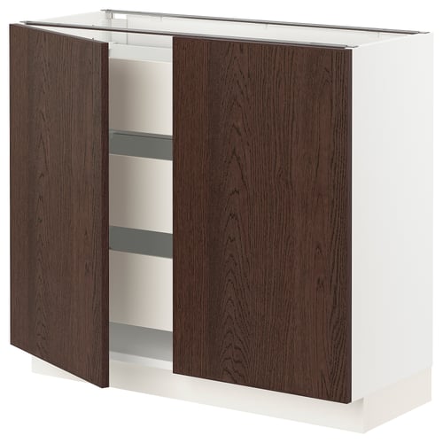 SEKTION kitchen unit, dark brown sinarp wood doors, white base, minimalist design.