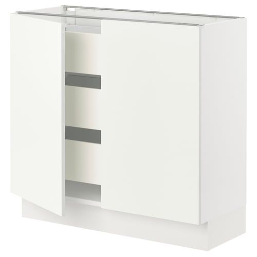 A white SEKTION kitchen cabinet with three shelves and grey handles.