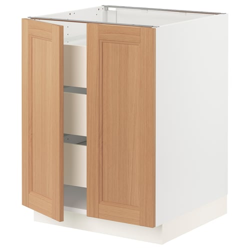 SEKTION oak kitchen cabinet, white interior, twin doors open to reveal shelves.