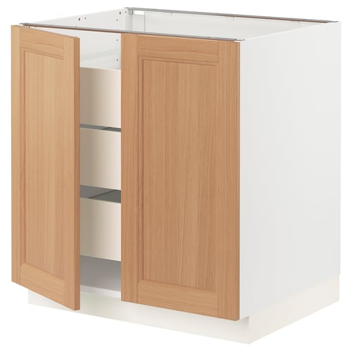 Open wood cabinet, SEKTION model, natural oak doors, white frame, two shelves visible.