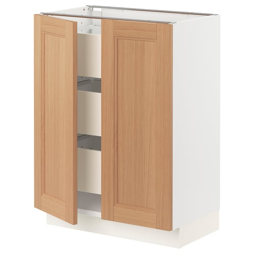 SEKTION oak kitchen cabinet with two open doors showcasing shelves inside.