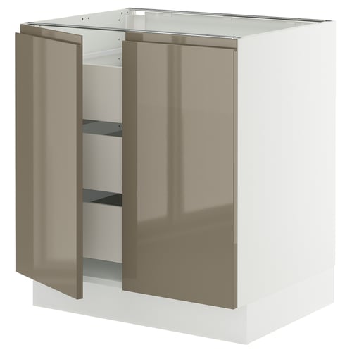 Modern kitchen cabinet, SEKTION, glossy grey-brown with integrated handles, white base.