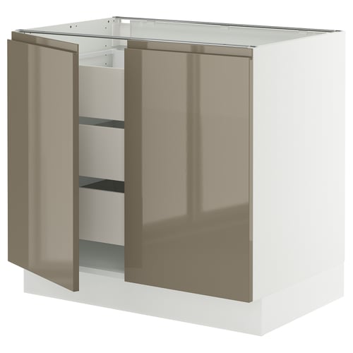 High-gloss dark grey-brown kitchen cabinet with integrated handles and sleek design.