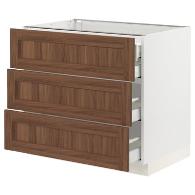 SEKTION / MAXIMERA Base cabinet w 3 fronts/4 drawers, white Enköping/brown walnut effect, 36x24x30 "