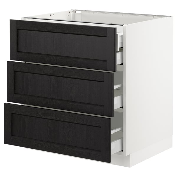 Modern kitchen cabinet with three dark-stained wooden drawers, sleek design, and white frame.