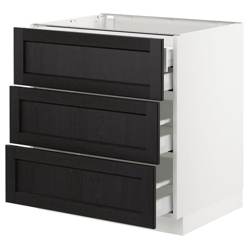 Modern kitchen cabinet with three dark-stained wooden drawers, sleek design, and white frame.