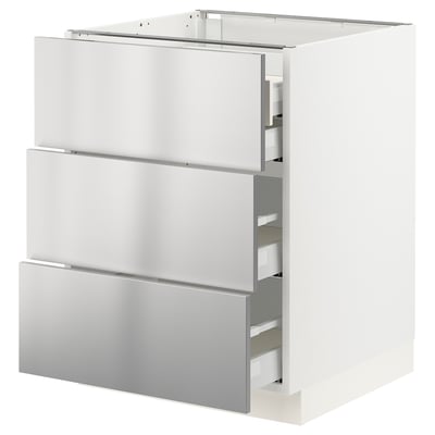 SEKTION / MAXIMERA Base cabinet w 3 fronts/4 drawers, white/Nogsta stainless steel, 24x24x30 "
