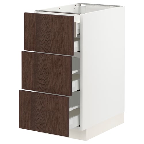 Modern kitchen unit, white with dark brown drawers, oak veneer, full-extension drawers.