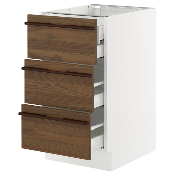 SEKTION / MAXIMERA Base cabinet w 3 fronts/4 drawers, white/Stensta dark brown ash veneer, 18x24x30 "