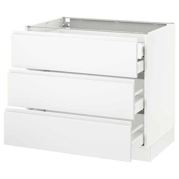 A white ikea SEKTION kitchen cabinet with three drawers and a smooth, modern design.