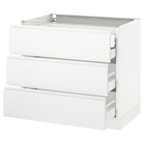 A white ikea SEKTION kitchen cabinet with three drawers and a smooth, modern design.