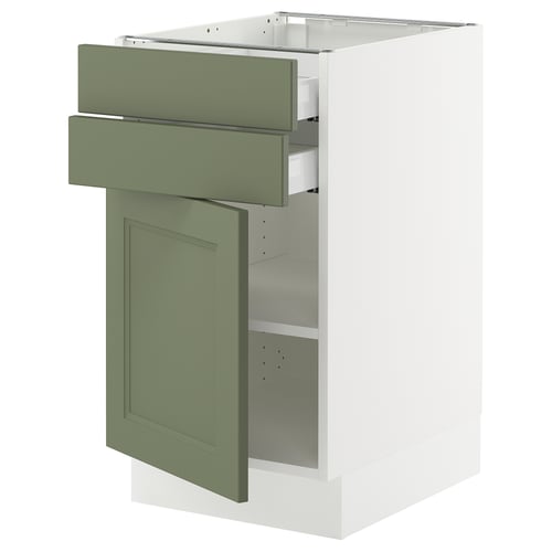 SEKTION kitchen cabinet in grey-green with adjustable shelves and soft-closing drawers.