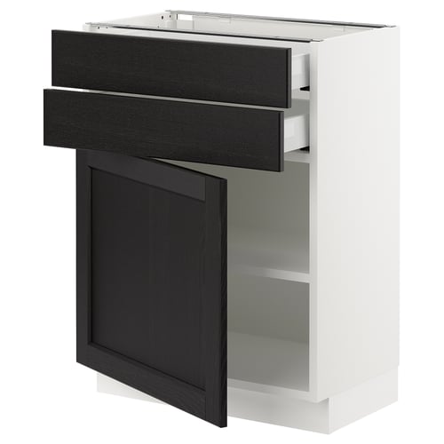 Kitchen cabinet: white with dark wood drawers, two open.