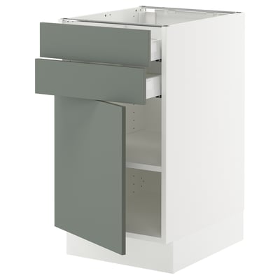 Ikea SEKTION kitchen unit with gray-green doors, white frame, and adjustable shelves.