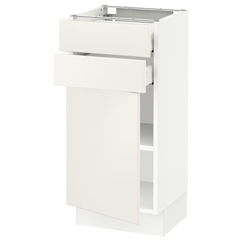 SEKTION white cabinet with drawers and shelf.