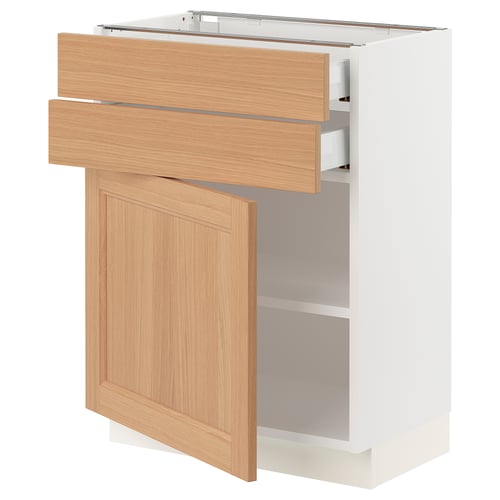SEKTION white kitchen cabinet with oak drawer and door, three compartments.
