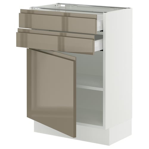 Modern white kitchen cabinet with high-gloss dark grey-brown drawers and a door, featuring integrated handles and a sleek design.