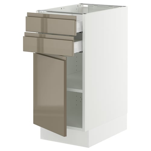 SEKTION kitchen cabinet, high gloss dark grey-brown, sleek design, stainless steel handles, two drawers, one door, adjustable shelves.