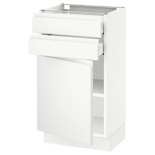 Modern white kitchen cabinet, glossy finish, 2 drawers, single door, minimalist handles.