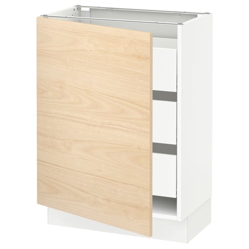 An ikea SEKTION kitchen cabinet in white and light wood. It has a large door, and open shelves inside.