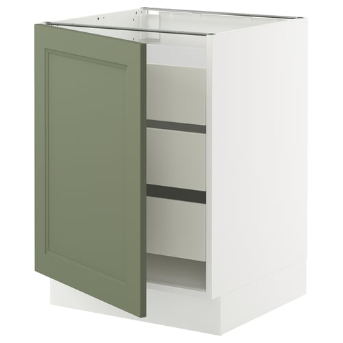 SEKTION kitchen cabinet in green, white, rectangular with a single door open, showcasing shelves.