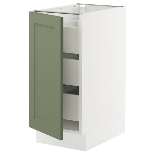 SEKTION kitchen unit in white with green-grey door, flat design.