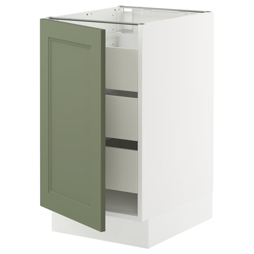 Green-white kitchen cabinet, modern traditional design, single door open left, white interior, three shelves.