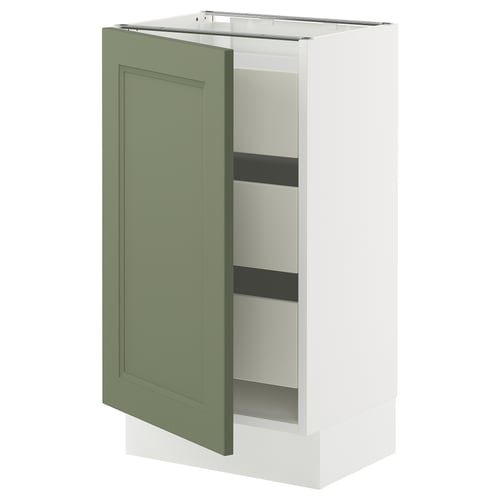 An open SEKTION kitchen cabinet with a green-gray door and white base, featuring adjustable shelves.