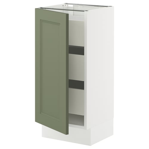 A SEKTION kitchen cabinet with a grey-green door, featuring a modern design and sturdy construction.
