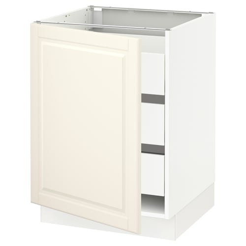 An off-white SEKTION kitchen cabinet with a traditional design, featuring a single door and open shelving on one side.