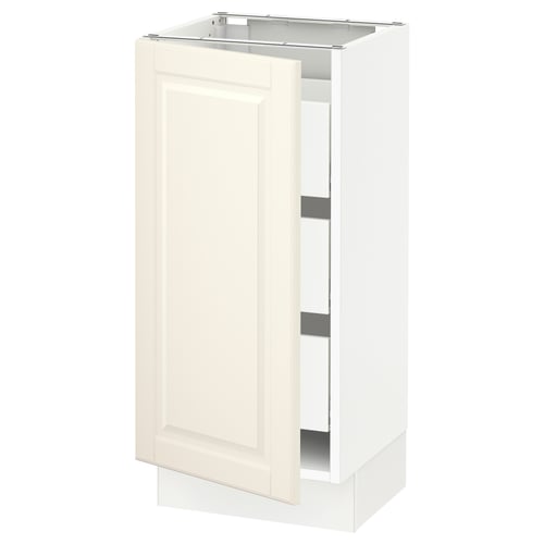 This image shows a white SEKTION cabinet with a cream-colored door and bevelled edges. It a simple, rectangular design, perfect for kitchen storage.