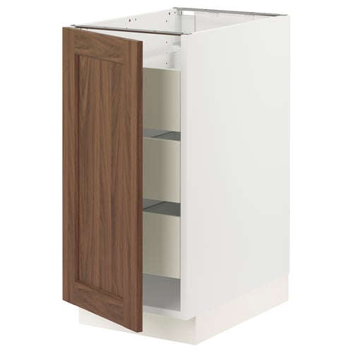 SEKTION kitchen cabinet with walnut door, white base. Adjustable shelves, soft-close hinge.