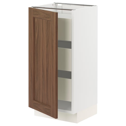 SEKTION kitchen cabinet in white with walnut door, three shelves, open for access.