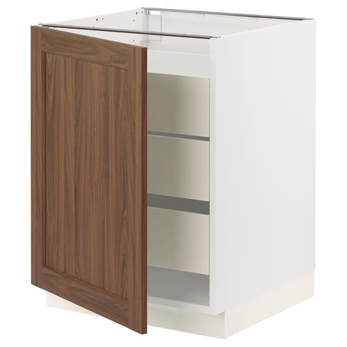 Walnut-finished cabinet door on white SEKTION kitchen unit.