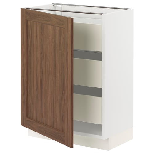 SEKTION kitchen cabinet, white & walnut, open door revealing glass shelves.
