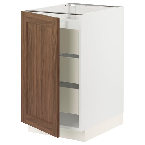 An open white SEKTION kitchen cabinet with a wooden door. The cabinet has two glass shelves inside.
